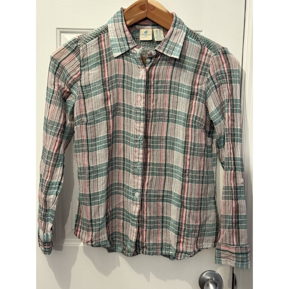 Caribbean Joe Women's M Plaid Cotton Knit  Green Pink Chic Casual‎ Preppy